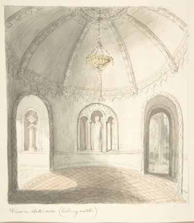 Lea Castle, Worcestershire, Pohled v předsíni, Pohled na sever, ca. 1816. od John Carter.