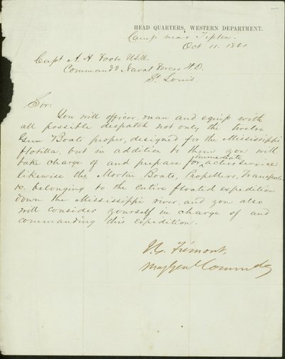 Dopis podepsaný J.C. Fremont, velící generálmajor, velitelé, západní oddělení, tábor poblíž Tiptonu, kapitánovi A.H. Foote, U.S.N. Velící námořní síly H.D., St. Louis, 11. října 1861 od John Charles Frémont