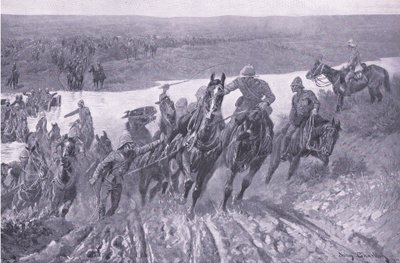 Dělostřelectvo brodící kaledon v Kareepoort Drift, ilustrace z After Pretoria: The Guerilla War, 1902 od John Charlton