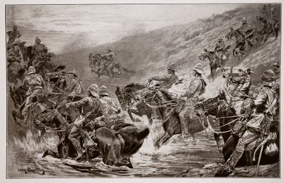 The Dash for Kimberley - The 10th Hussars Crossing Klip Drift, podle náčrtu G. D. Gilese (fl. 1890) od John Charlton