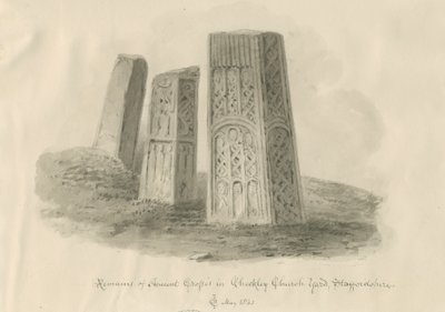 Checkley Church - Ancient Crosses: sépiová kresba od John Chessell Buckler
