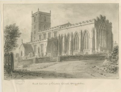 Checkley Church: sépiová kresba od John Chessell Buckler
