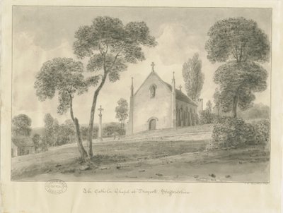 Cresswell - Katolická kaple Draycott-in-the-Moors: sépiová kresba, 1841 od John Chessell Buckler