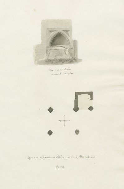 Dieulacres Abbey: sépiová kresba od John Chessell Buckler