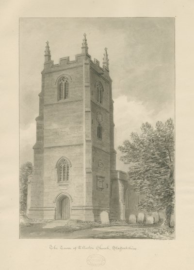 Ellastone Church: sépiová kresba od John Chessell Buckler
