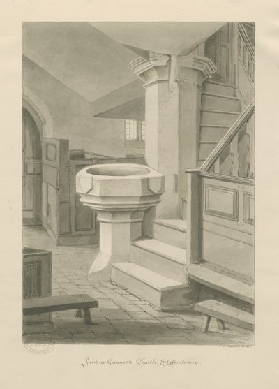 Písmo v kostele Cannock: sépiová kresba, 1841 od John Chessell Buckler