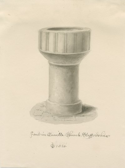 Písmo v kostele Enville: sépiová kresba, 1820 od John Chessell Buckler