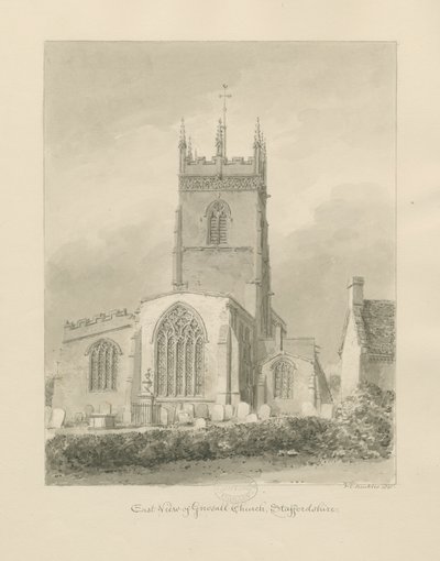 Gnosall Church: sépiová kresba od John Chessell Buckler
