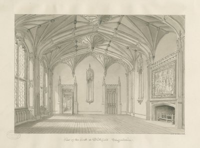 Interiér Blithfield Hall: sépiová kresba, 1823 od John Chessell Buckler