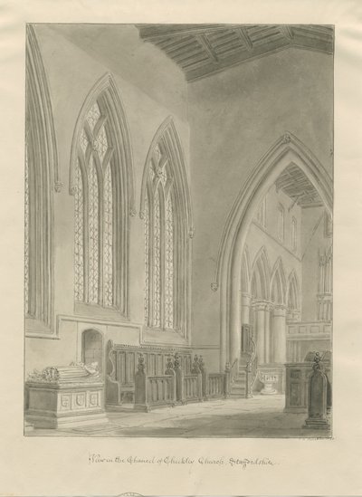 Interiér Checkley Church: sépiová kresba, 1841 od John Chessell Buckler