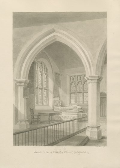 Interiér Ellastone Church: sépiová kresba, 1841 od John Chessell Buckler