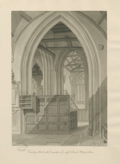 Interiér kostela Leigh: sépiová kresba, 1841 od John Chessell Buckler