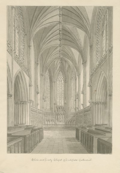 Interiér Lichfield Cathedral - Choir and Lady Chapel: sépie kresba od John Chessell Buckler