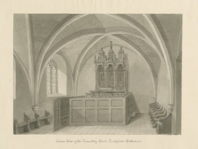 Interiér katedrály Lichfield - konzistořní dvůr: sépiová kresba od John Chessell Buckler