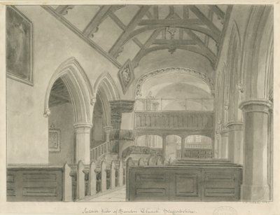 Interiér kostela Sandon: sépiová kresba, 1841 od John Chessell Buckler