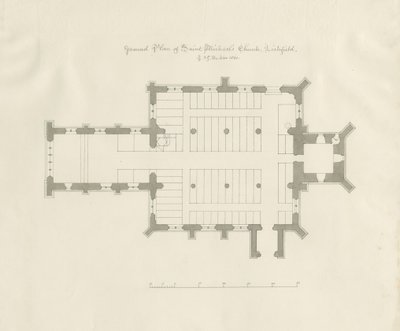 Lichfield - Půdorys kostela sv. Michala: kresba perem a sépií od John Chessell Buckler
