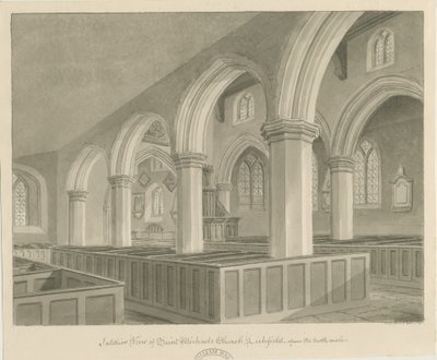 Lichfield - interiér kostela sv. Michala: sépiová kresba od John Chessell Buckler