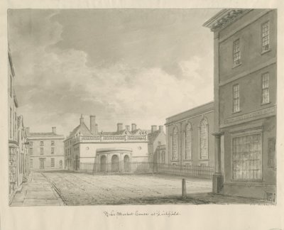 Lichfield - Market House: sépiová kresba od John Chessell Buckler