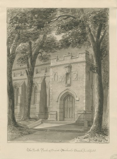 Lichfield - Severní veranda kostela sv. Michaela: kresba sépie od John Chessell Buckler