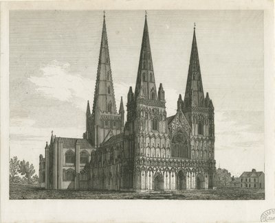 Katedrála Lichfield – západní fronta: rytina a [počátek 19. století] (tisk) od John Chessell Buckler