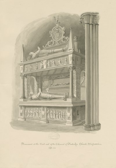 Penkridge Church – „Dvoupatrová“ hrobka sira Edwarda Littletonse: sépiová kresba od John Chessell Buckler