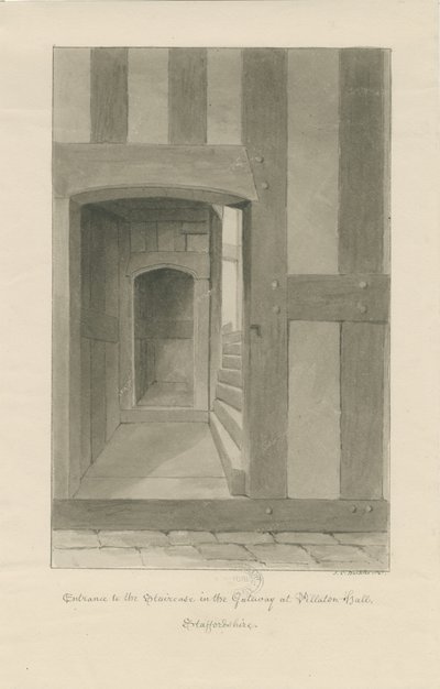 Pillaton Hall - Interiér vrátnice: sépiová kresba od John Chessell Buckler