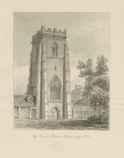 Ranton Abbey [Převorství] - Věž: sépiová kresba od John Chessell Buckler