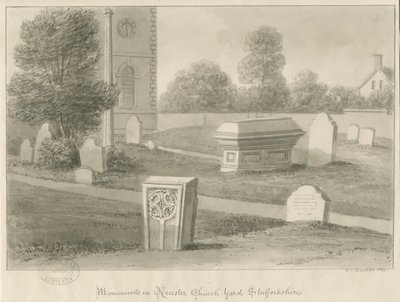 Rocester Church - Památky a kostelní dvůr: sépiová kresba od John Chessell Buckler