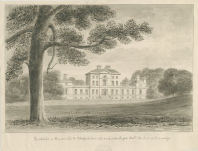 Sandon Hall: sépiová lavírovaná kresba od John Chessell Buckler