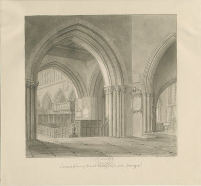 Stafford - Interiér kostela Panny Marie: sépiová kresba, 1841 od John Chessell Buckler