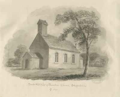Stafford - Marston Chapel: sépiová kresba (vinětovaná) od John Chessell Buckler