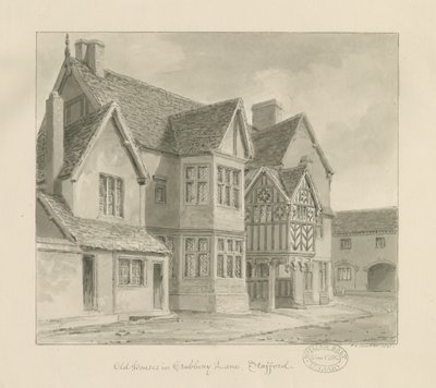 Stafford - Staré domy v Crabbery Lane: sépiová kresba, 1841 od John Chessell Buckler
