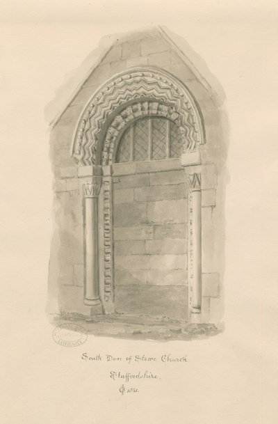 Stowe Church - South Door: sépiová kresba od John Chessell Buckler