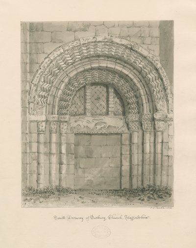 Tutbury Priory Church - South Doorway: sépiová kresba, 1812 od John Chessell Buckler