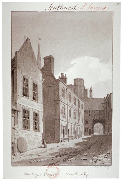 Pohled směrem k bráně Montague House, Southwark, Londýn, 1827 od John Chessell Buckler