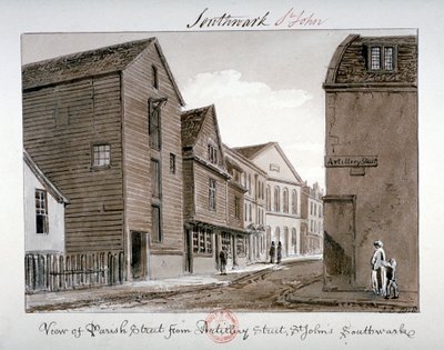 Pohled na Parish Street a Artillery Street, Bermondsey, Londýn, 1828 od John Chessell Buckler