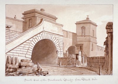 Pohled na jižní konec Southwark Bridge z Bankside, Southwark, Londýn, 1828 od John Chessell Buckler