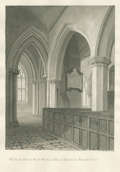 Worcestershire - Droitwich - interiér kostela svatého Ondřeje: sépiová kresba od John Chessell Buckler
