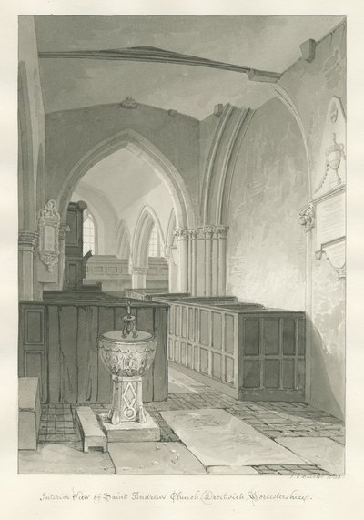 Worcestershire – Droitwich – interiér kostela svatého Ondřeje: sépiová kresba, 1833 od John Chessell Buckler