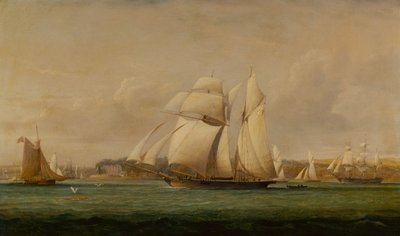 Špičkový plachetní škuner, dva kráječe Royal Yacht Squadron a americká obchodní loď (ropa) od John Christian Schetky
