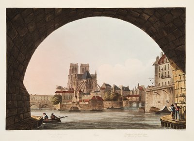 Most hotelu Dieu a kostel Notre Dame, ilustrace z Versailles, Paříž a Saint Denis, hospoda. 1805 (akvatinta) od John Claude Nattes