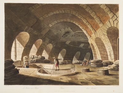 Kukuřičný trh, ilustrace z Versailles, Paříž a Saint Denis, hospoda. 1805 (akvatinta) od John Claude Nattes