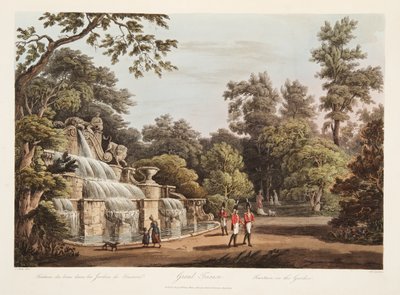 Grand Trianon, Fontána v zahradě, ilustrace z Versailles, Paříž a Saint Denis, hospoda. 1805 (akvatinta) od John Claude Nattes