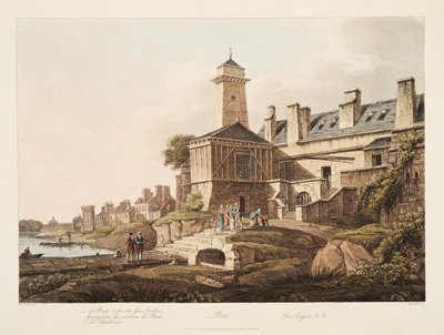 Paříž, Hasičský vůz, ilustrace z Versailles, Paříž a Saint Denis, hospoda. 1809 (akvatinta) od John Claude Nattes