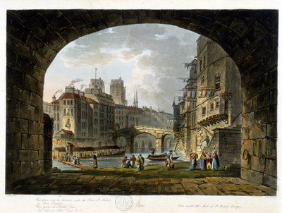 Paříž: Pont de Chatelet a Hotel Dieu - v „Paříž vu par J.C. Mattes“, ed. Miller, Londýn od John Claude Nattes