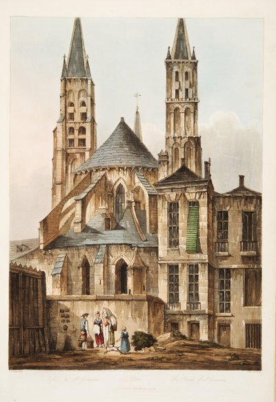 Kostel St Germains, ilustrace z Versailles, Paříž a Saint Denis, hospoda. 1810 (akvatinta) od John Claude Nattes
