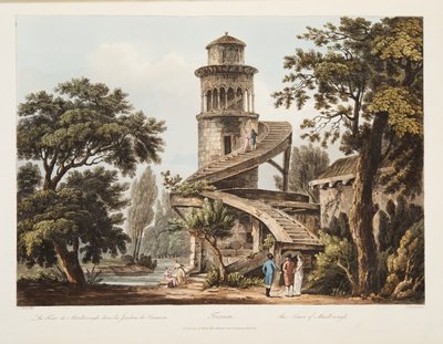 Trianon, The Tower of Marlborough, ilustrace z Versailles, Paříž a Saint Denis, hospoda. 1809 (akvatinta) od John Claude Nattes