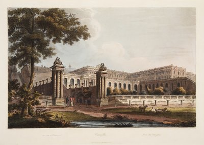Versailles z The Orangerie, ilustrace z Versailles, Paříž a Saint Denis, hospoda. 1805 (akvatinta) od John Claude Nattes