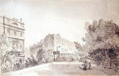 Pohled na náměstí Fitzroy se dvěma figurami táhnoucími zahradní válec, cca 1808 (inkoust a mytí na papíře) od John Claude Nattes