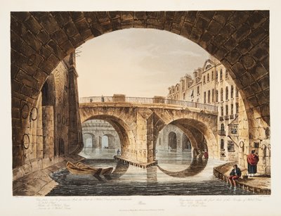 Pohled zpod prvního oblouku mostu hotelu Dieu, Malý most, část hotelu Dieu, ilustrace z Versailles, Paříž a Saint Denis, hospoda. 1809 (akvatinta) od John Claude Nattes